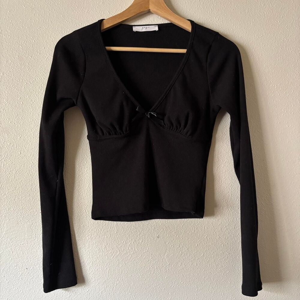 Gaze Y2K Black Long Sleeve V Neck Ribbed Top With Bow Detail Size XS